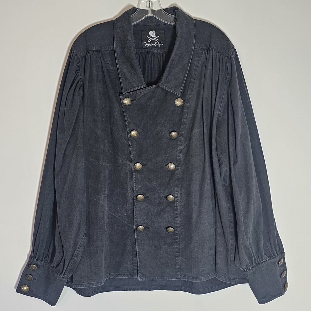 Pyrate-Style Jacket Mens Large Black Denim Double Breasted Pleated Germany Twill